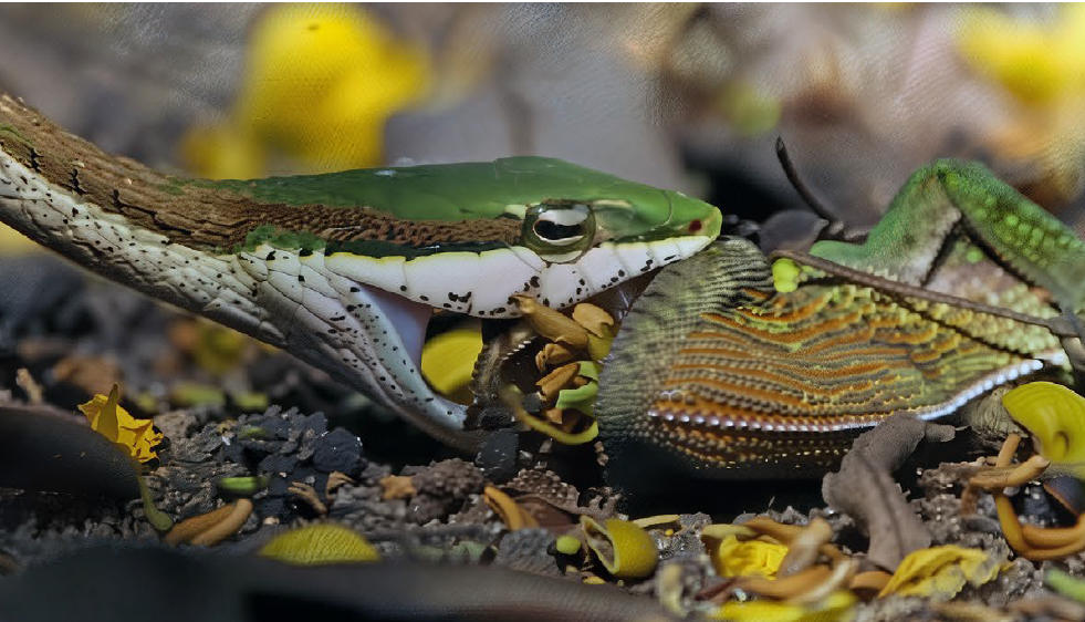 Lianennattern beim Fraß von Lappenchamäleons beobachtet (Mosambik)